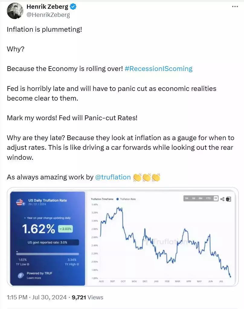 Tweet from HenrikZeberg on Truflation rates as of July 2024